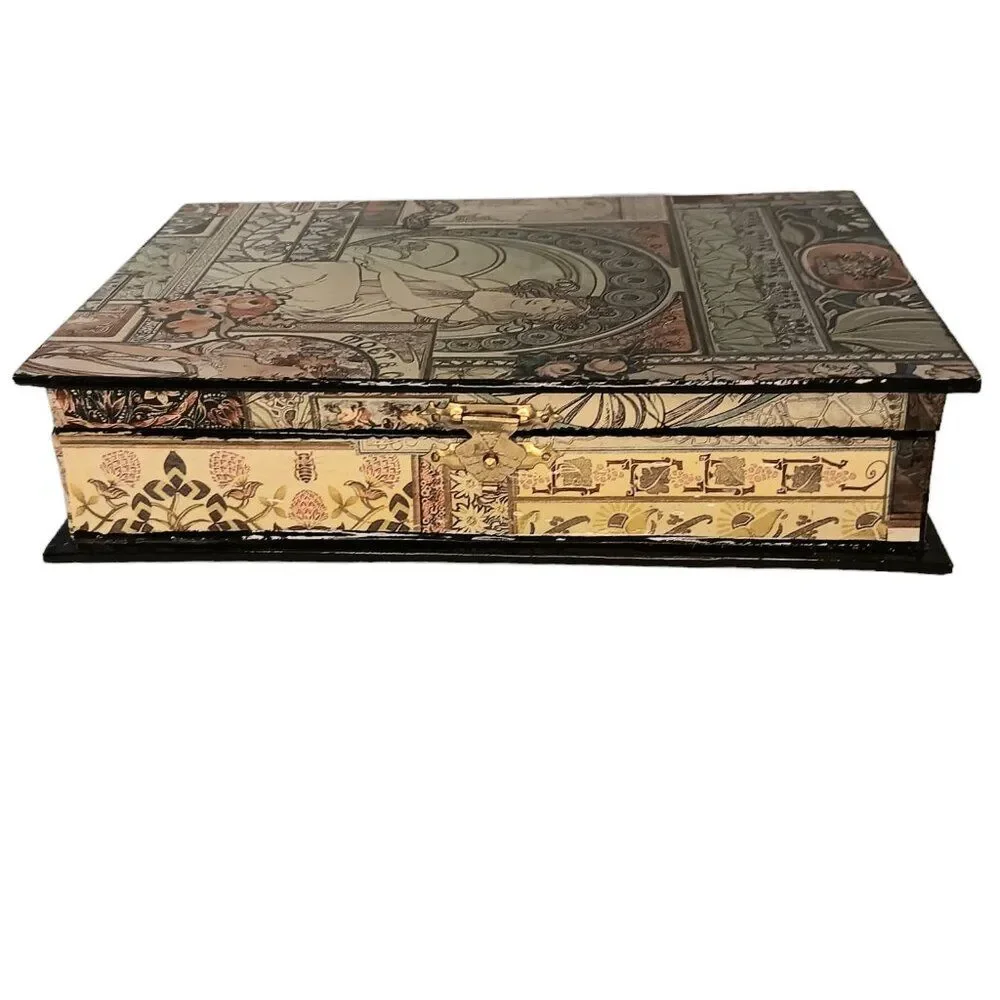 Decoupaged Laquer Box Alphonse Mucha La Peinture Laquered Trinket Jewelry Box